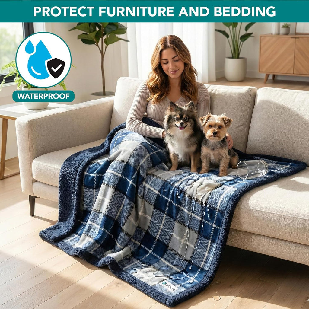 Waterproof Dog Blanket for Couch, Pee Proof Sherpa Fleece Reversible Pet Throw, Furniture Protector for Bed Sofa Kennel, Soft Washable Cover for Small Medium Dog Puppy Cat, 29X40 Plaid Blue