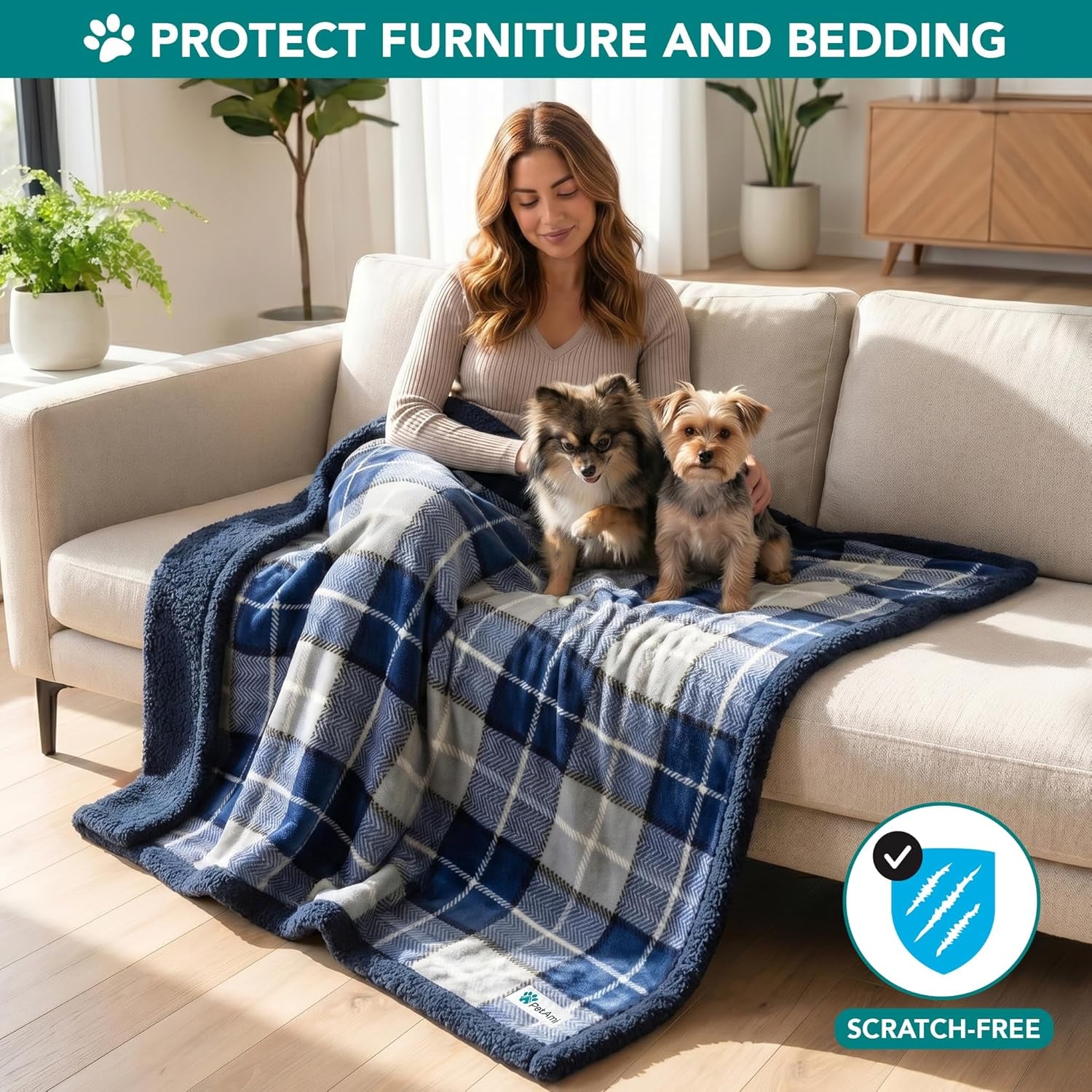 Dog Blanket for Bed, XL Pet Blanket Large Dogs, Fleece Furniture Couch Cover Protector Sofa Car Crate Kennel, Soft Sherpa Cat Throw Plush Reversible Washable, Twin 60X80 Plaid Navy Blue