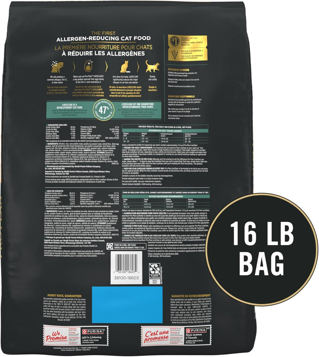 Purina Pro Plan Allergen Reducing, High Protein Cat Food, LIVECLEAR Chicken and Rice Formula - 16 Lb. Bag