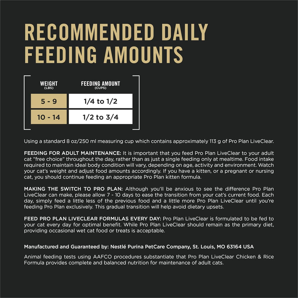 Purina Pro Plan Allergen Reducing, High Protein Cat Food, LIVECLEAR Chicken and Rice Formula - 16 Lb. Bag